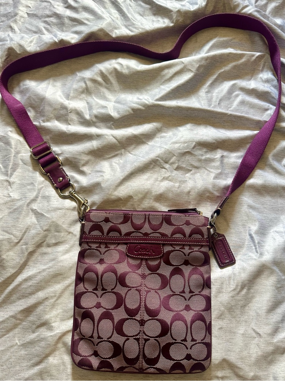 Coach Signature Stripe Swingpack Crossbody Bag Purple Plum Jacquard